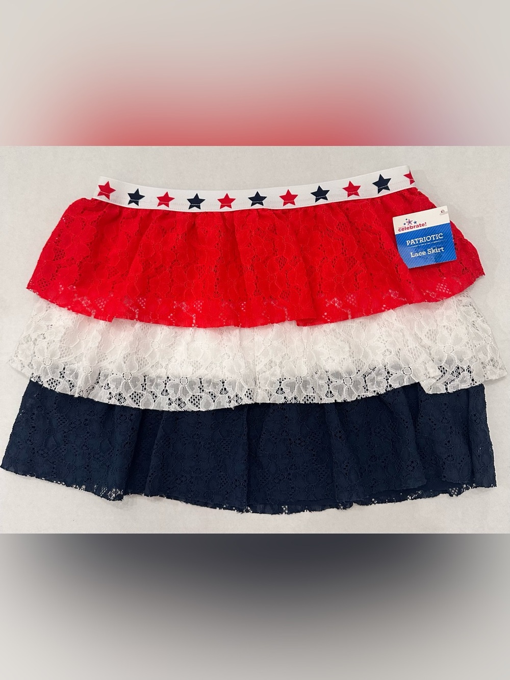 Girl's Patriotic Lace Layered Red, White & Blue Skirt w/ Stars Waistband NWT